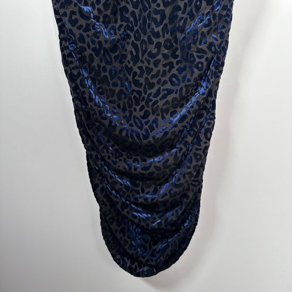 Leopard Velvet Tight Bodycon Dress Angeleye Narcissus Navy Mock Neck Ruched 10 - Picture 2 of 8